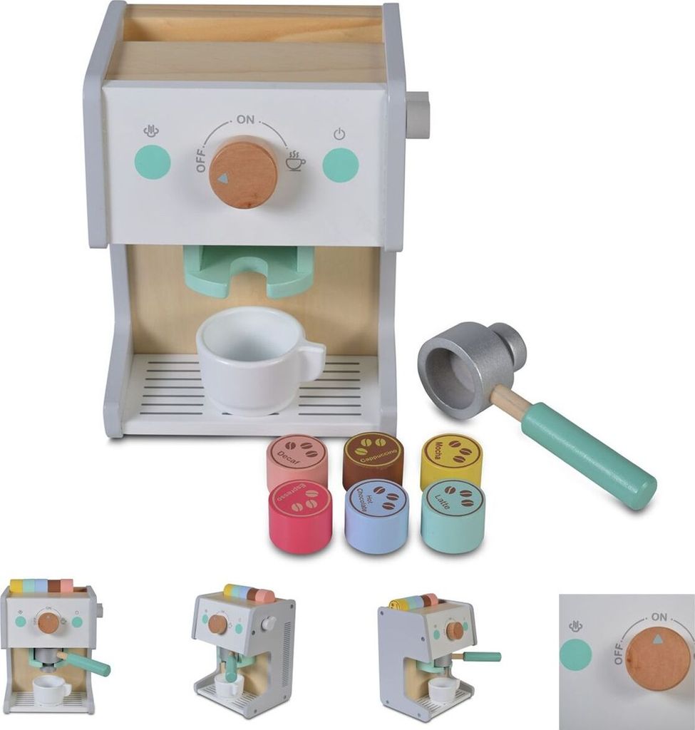 Moni Spielzeug Kaffeemaschine 4319 Holz Siebträger Kaffeekapseln Tasse Löffel