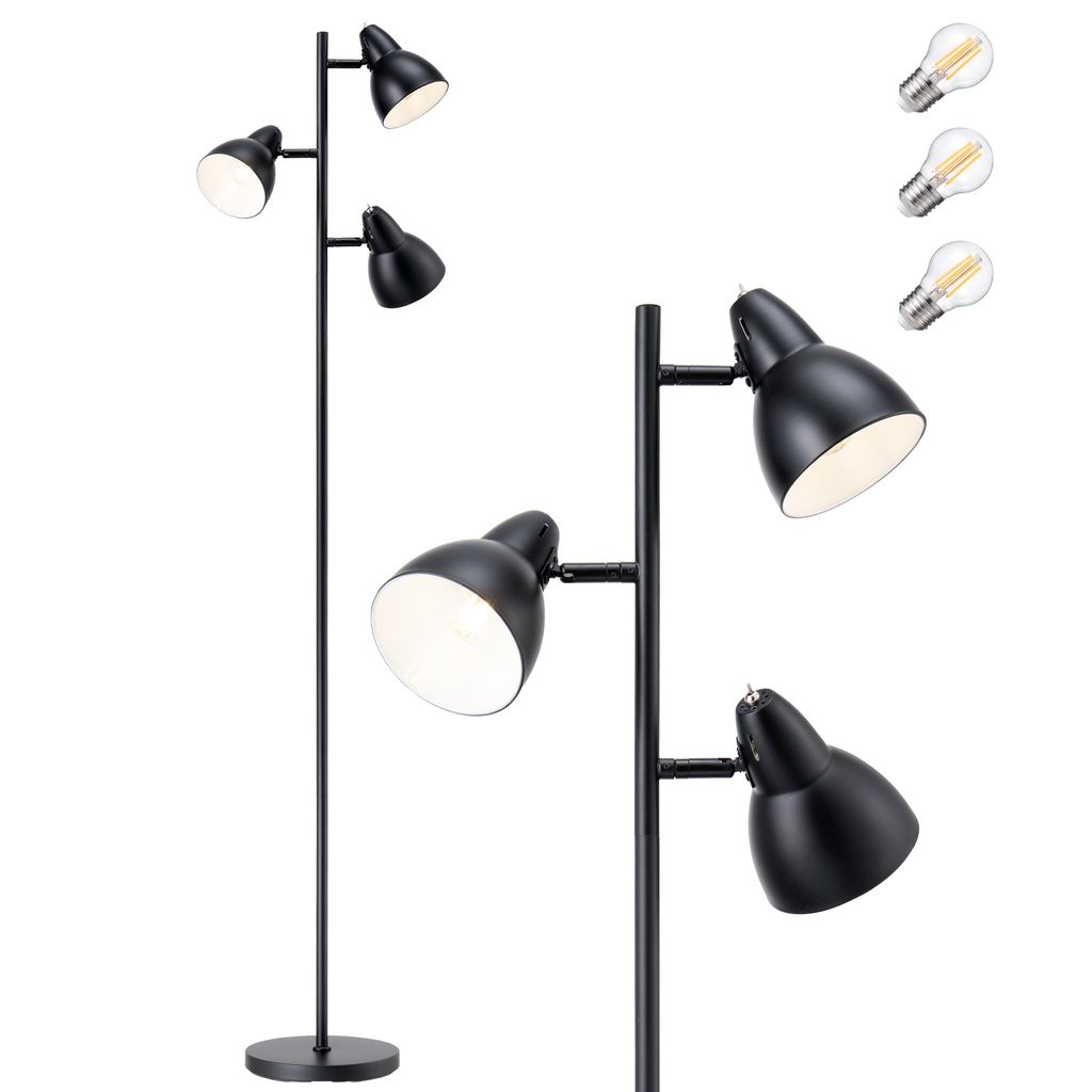 EDISHINE Stehlampe 3-flamming Dimmbar, LED StehlampeStehleuchte Inklusive 3 Glühbirne E27, Schwarz