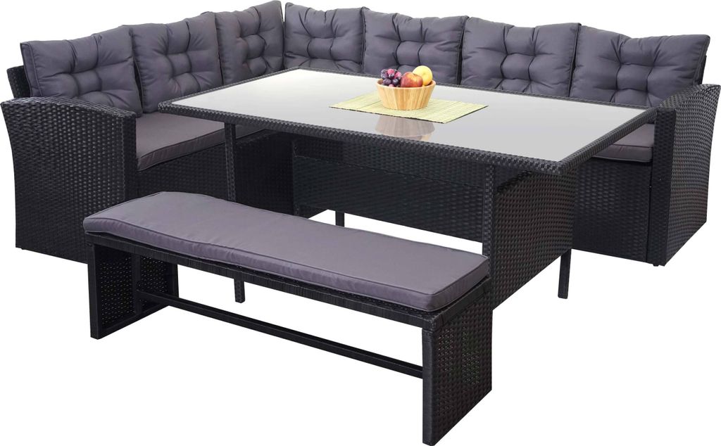 Poly-Rattan-Garnitur MCW-A29, Gartengarnitur Sitzgruppe Lounge-Esstisch-Set, schwarz Kissen dunkelgrau, mit Bank