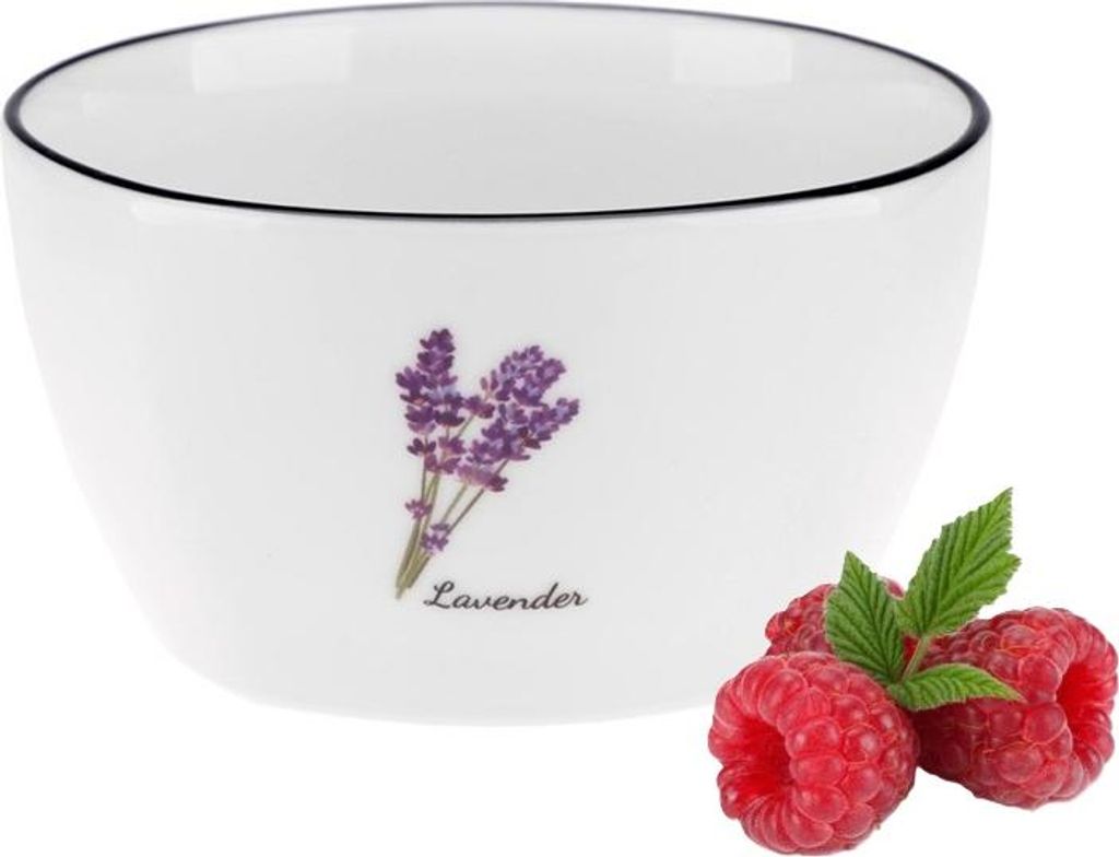 Salatschüssel aus Porzellan PROVENCE LAVENDER, 350 ml, milchig-weiß, mit farbenfrohem Lavendelblütenmuster, schwarzer Rand, New Bone Porzellan