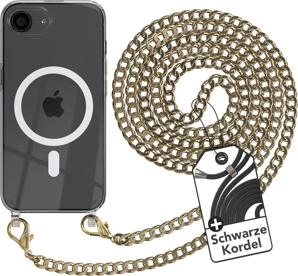 EAZY CASE Handykette kompatibel mit Apple iPhone 16e, Kette zum Umhängen aus Metall, Silikonhülle mit Band, stoßfest, mit MagSafe in Gold