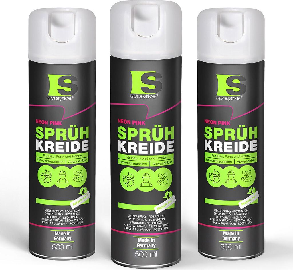 Spraytive 3x 500ml Sprühkreide neon-pink - Abwaschbare leuchtende Kreidefarbe, Outdoor Kreidespray, Bodenmarkierung, Temporäres Markierungsspray