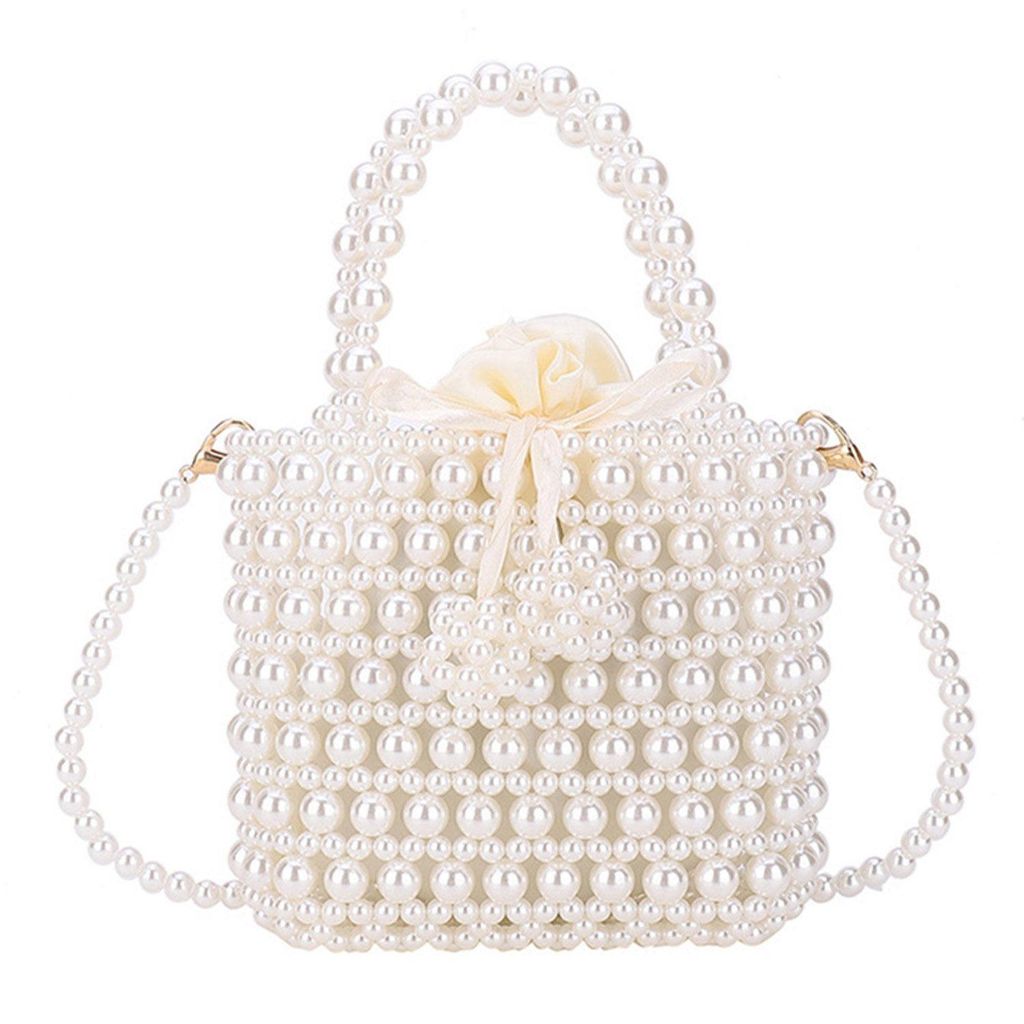 Perlentasche mit Kette, Elegant Abendtaschen, Weiß Clutch, Perlenhandtasche für Damen