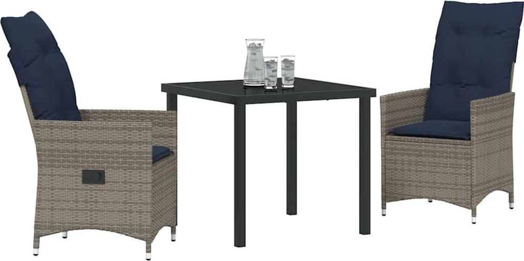 Tisch- und Stuhlset mit Kissen 3 pcs Grau PE-Rattan