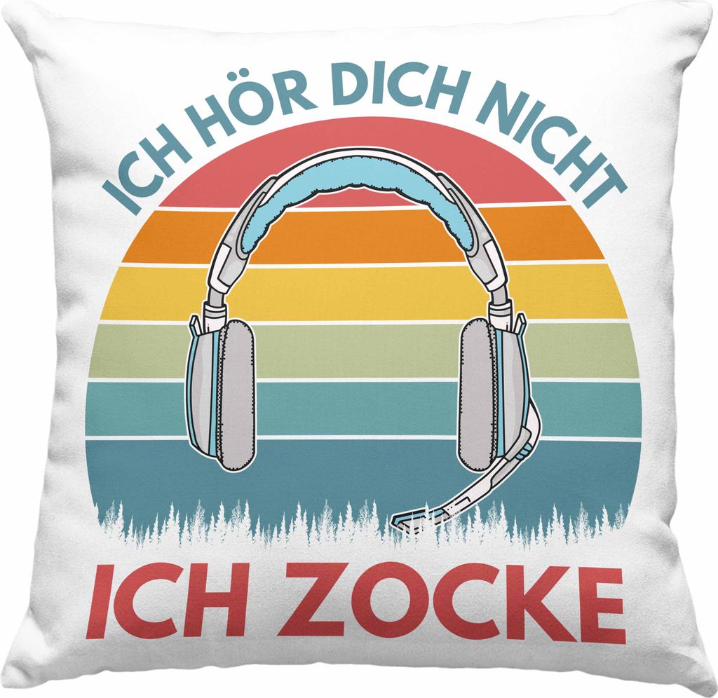 Trendation - Zocker Deko-Kissen mit Füllung 40x40 Geschenk Ich Höre Dich Nicht Ich Zocke Gamer Geschenkidee (Grau)