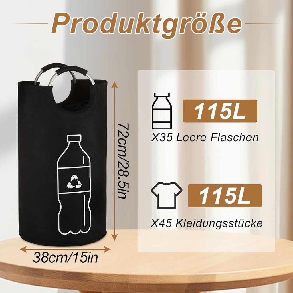 115L Pfandflaschen Sammelbeh?lter, Gro? Faltbar Flaschensammler Altglas Leergut Pfandflaschen Aufbewahrung mit Softgrip-Griffen aus Aluminium, Schwarz