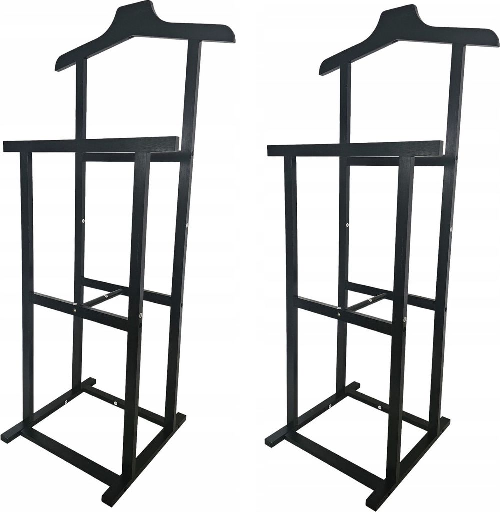 Two black wooden garment butler stands are shown against a white background.