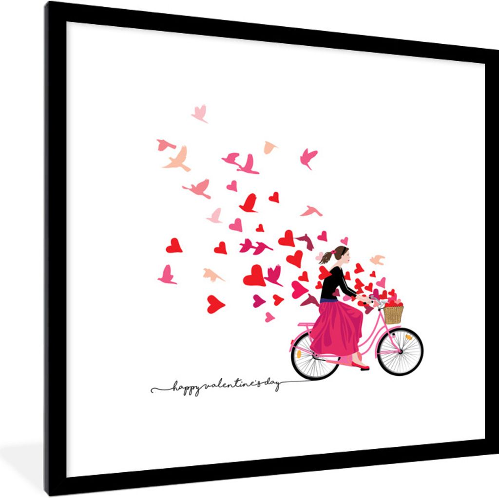 MuchoWow Gerahmtes Poster Eine Illustration einer Frau auf einem Fahrrad mit einem Korb voller Herzen 40x40 cm - Poster mit Schwarzem Bilderrahme...