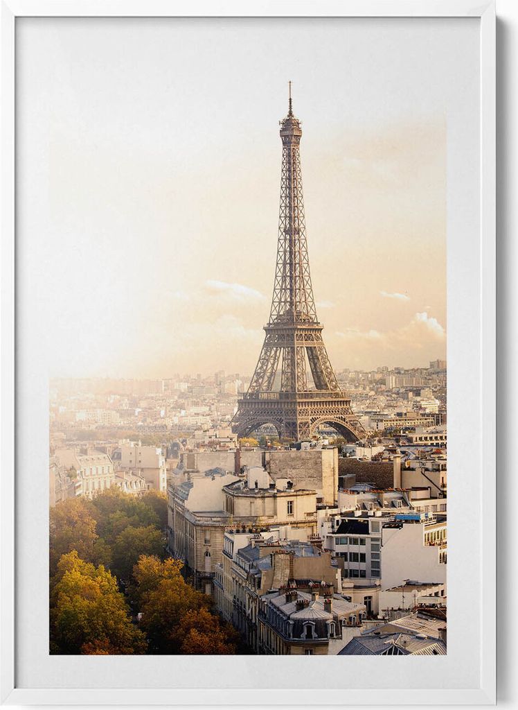 Blick auf den Eiffelturm– Wandbild mit Rahmen – Gerahmtes Bild – Wanddekoration – 70x100 cm – Weiß Rahmen