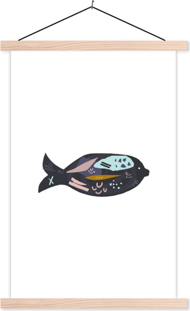 MuchoWow Textilposter Fisch - Pastell - Schwarz 40x60 cm mit holzfarbenen Rahmen - Poster