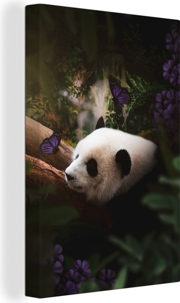 OneMillionCanvasses - Leinwandbilder - 90x140 cm, Panda - Dschungel - Schmetterling - Lila, Wandbilder Kunstdruck Wanddekoration - Wandschmucke -...