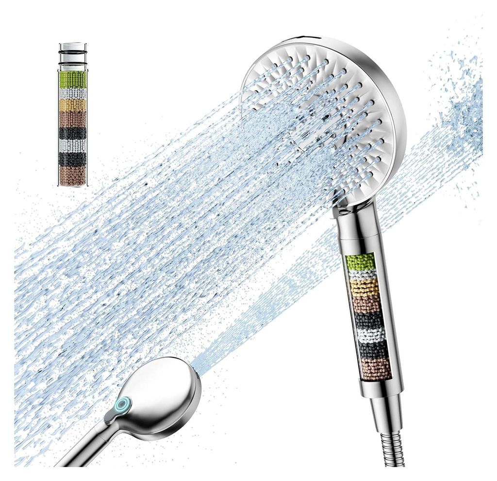 Duschkopf mit Filter,Duschkopf mit schlauch,9 Strahlarten, Druckerhöhende filter shower head für Hartes Wasser,Rest-Chlor,Bakterien, Schwermetall...