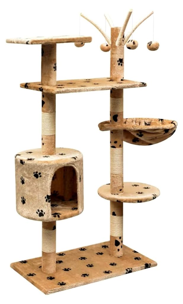 Katzen-Kratzbaum 125 cm Beige mit Pfotenmotiv, Katzenmöbel, Kratztonne für Katzen, Aktivitätskratzbäume, Katzenzubehör