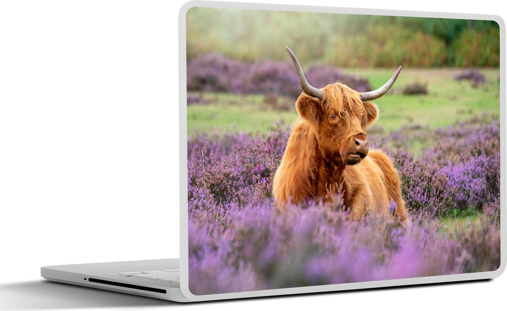 MuchoWow Laptop Aufkleber Sticker Cover Schottisches Hochlandrind - Blumen - Licht 32.5x23.5 cm - Sticker für Laptop - Selbstklebend