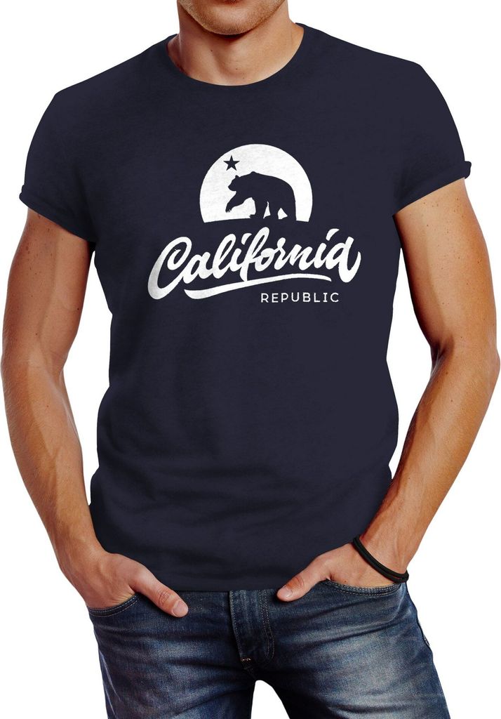Herren T-Shirt California Republic Bear Kalifornien Bär Sommer Slim Fit Neverless navy XL