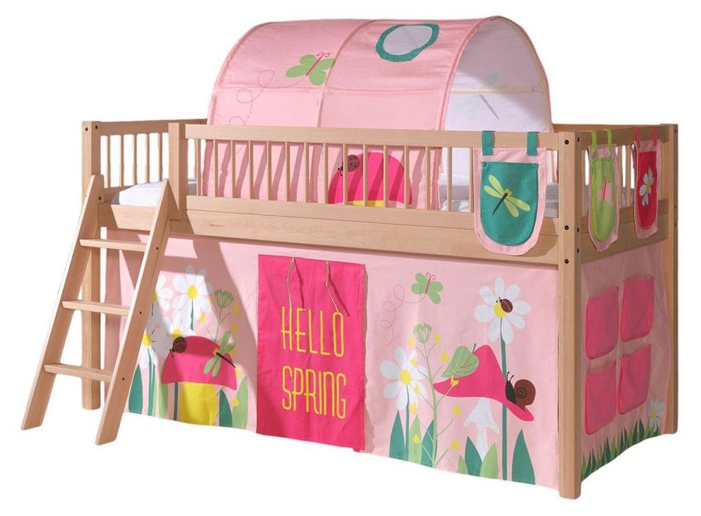 Halbhohes Bett Kelci 90x200 Textilset Spring mit Tunnel Buche massiv