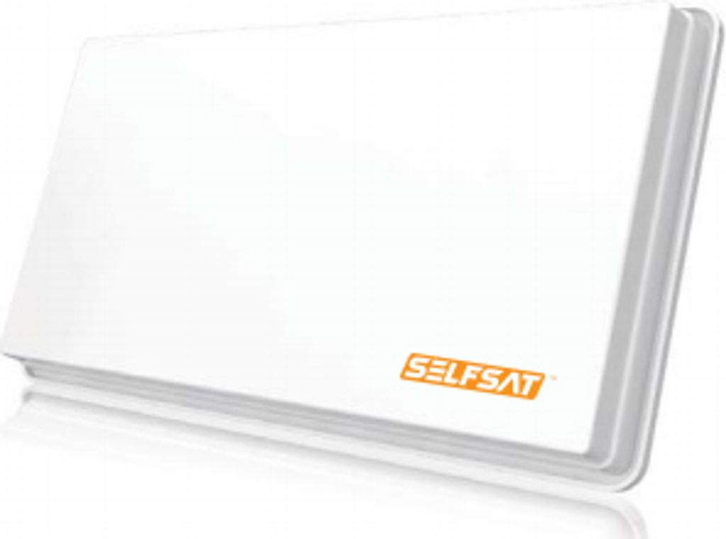 A white flat satellite antenna with the brand logo on it, shown at an angle on a white background.