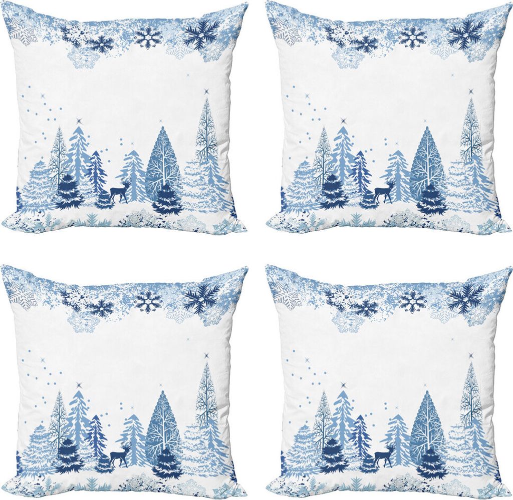 ABAKUHAUS Winter Kissenbezug Set (4 Stück), Deer Pine Trees Weihnachten, Moderner Doppelseitiger Digitaldruck, 50 cm x 50 cm, Blau Weiss