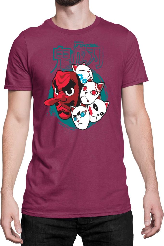 Herren T-Shirt Demon Anime Slayer Kimetsu No Yaiba Mask 002, Man 3XL / Burgundy