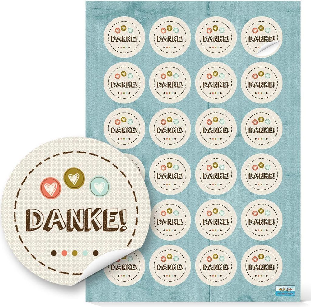 24 Stück runde Aufkleber DANKE natur beige 3 Herzen pastell-farben rot blau grün retro Dankeschön Verpackung Gastgeschenk Kunden-Verpackung Gesc...