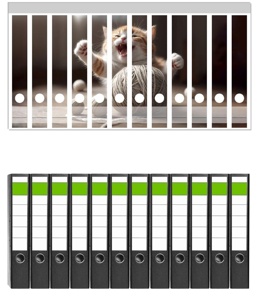 Wallario 12 Stück schmale Ordner inkl. Klebeetiketten mit Motive Katze mit Wollknäuel - Set mit Rückenschildern / Ordnerrücken Stickern