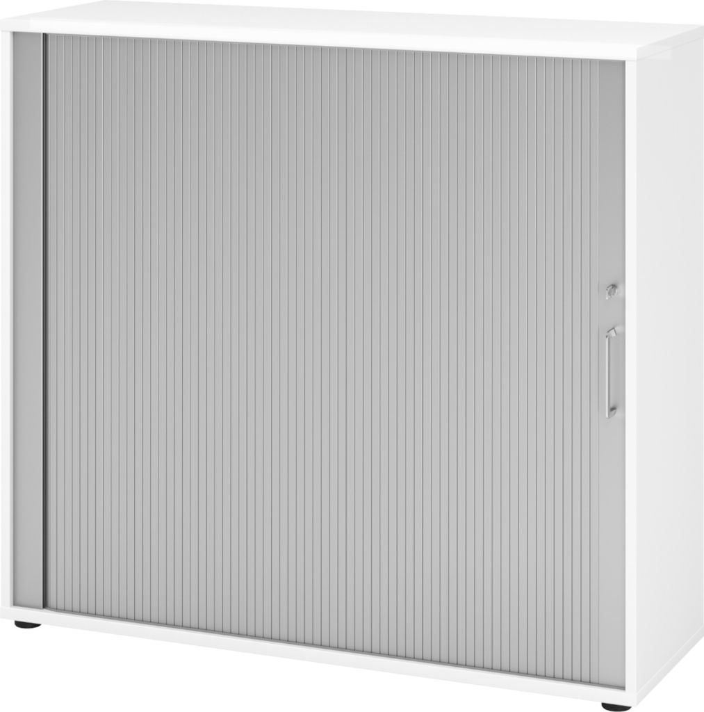bümö Rollladenschrank office - 3 Ordnerhöhen - Nachbildung: Weiß/Silber, Griff: Bügelgriff (Metall)