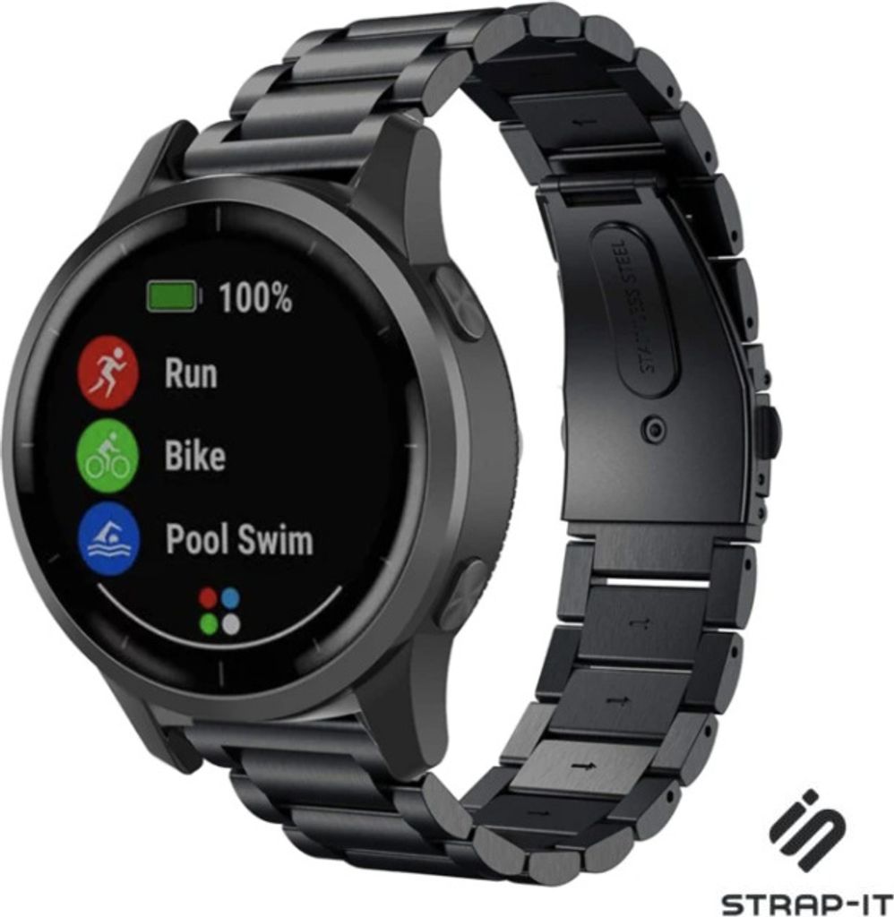 Strap-it Stahlarmband - Kompatibel mit Garmin Vivoactive 4 Armband 45mm - Gliederarmband Hochwertiger EdelstahlFaltschließe für Armband Schwarz 2...