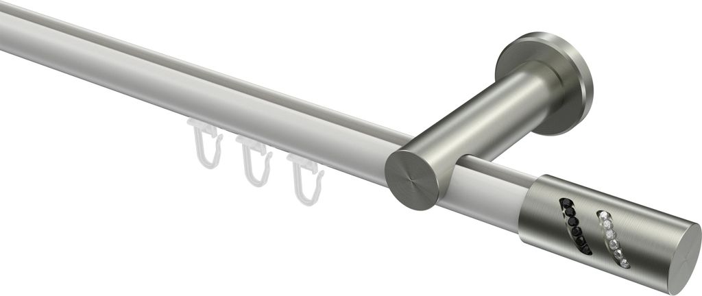Interdeco Innenlaufstange / Gardinenstange mit Innenlauf Weiß / Edelstahl-Optik, Typ Platon Zoena (Glitzerzylinder), 20 mm Ø 1-läufig, 600 cm
