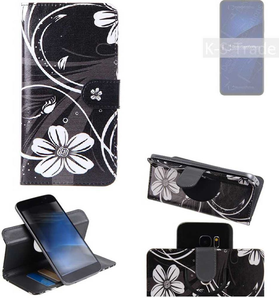 K-S-Trade Schutzhülle Handyhülle kompatibel mit ZTE Axon 41 5G Hülle 360° Wallet Case ''Flowers'' Klapphülle Hülle schwarz-weiß 1x