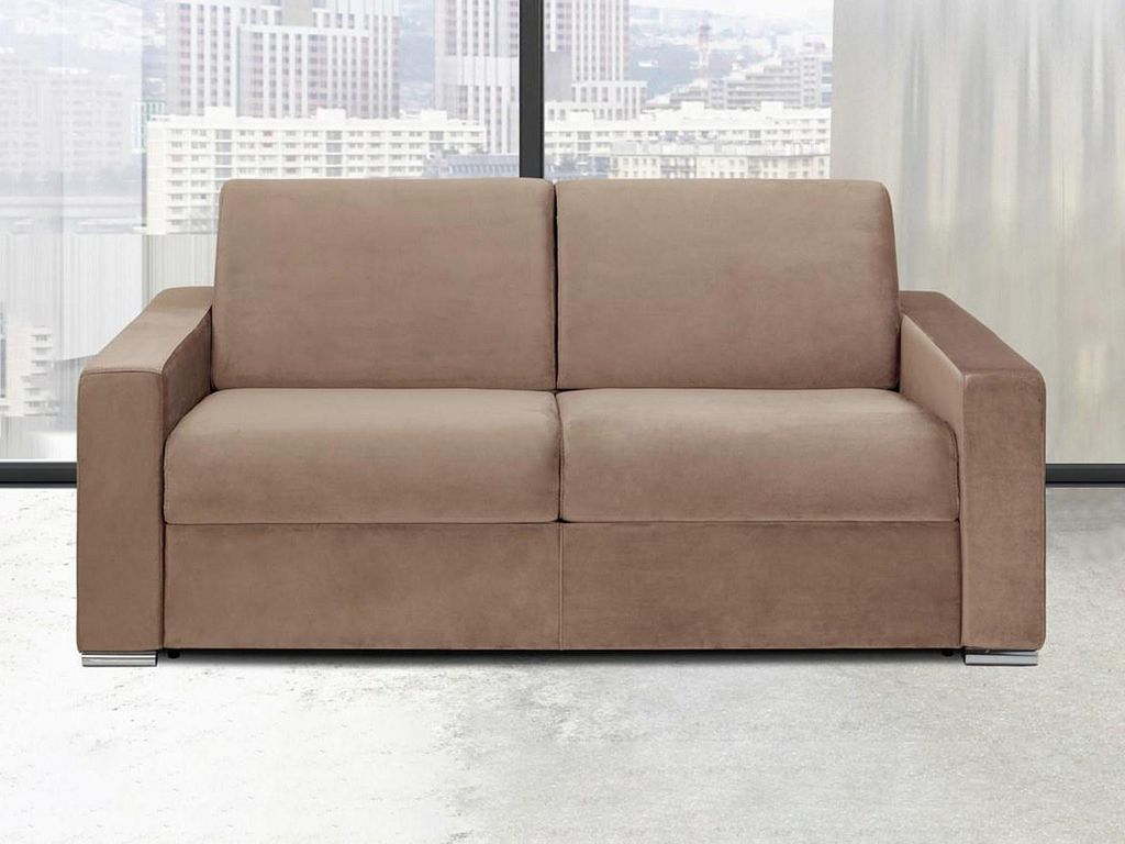 3-Sitzer-Sofa mit Express-Klappmechanismus in Velours CALITO - Beige - 18 cm Matratze mit Formgedächtnis - Maße der Liegefläche: 140 cm