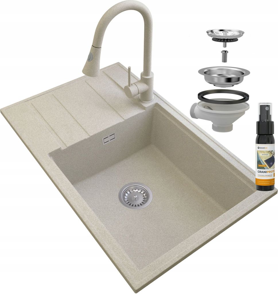 A beige granite kitchen sink with a pull-out faucet and accessories, including a drain assembly and a cleaning spray bottle.