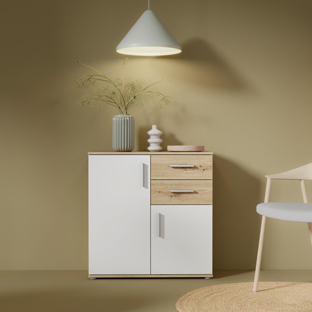Forte IKOLI Kommode 80, moderne Kommode, 2-türig, 2 Schubladen, Wohn-/Schlafzimmer, Flur, Holzwerkstoff, Weiß mit Artisan Eiche Holzdekor, 79,9 c...