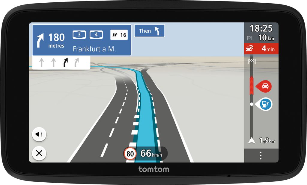 A navigation device displaying a map and route.