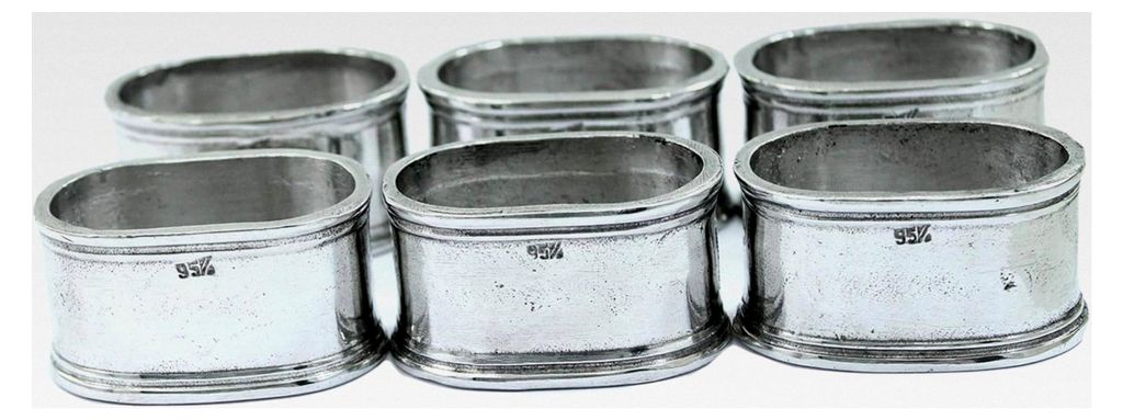 6er Set Serviettenringe aus Zinn in Silber, handgefertigt in Italien