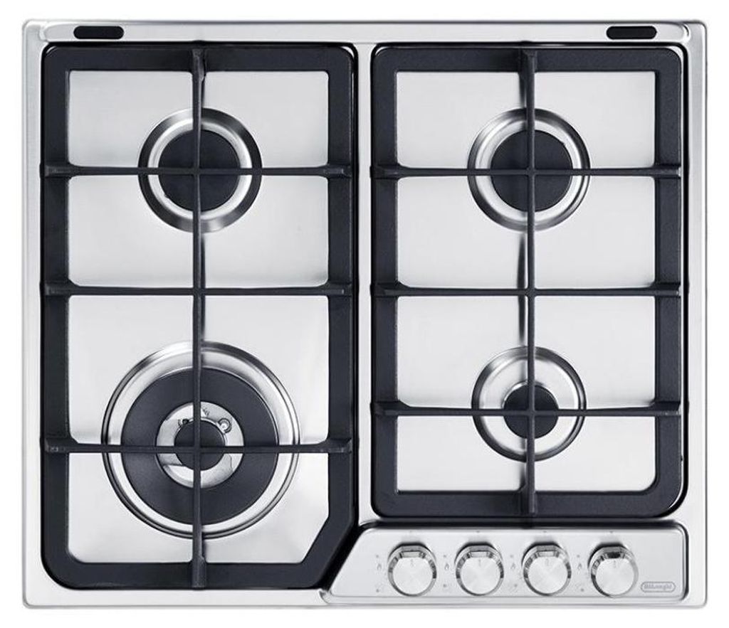 A top-down view of a stainless steel gas cooktop with four burners and control knobs.