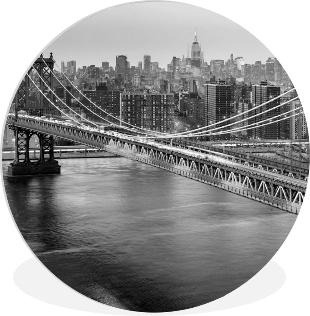 MuchoWow Rundes Wandbild - Runde Bilder Die Brooklyn Bridge bei Sonnenuntergang - schwarz und weiß Ø 30 cm Kreis Wanddekoration Kunststoff - Wa...