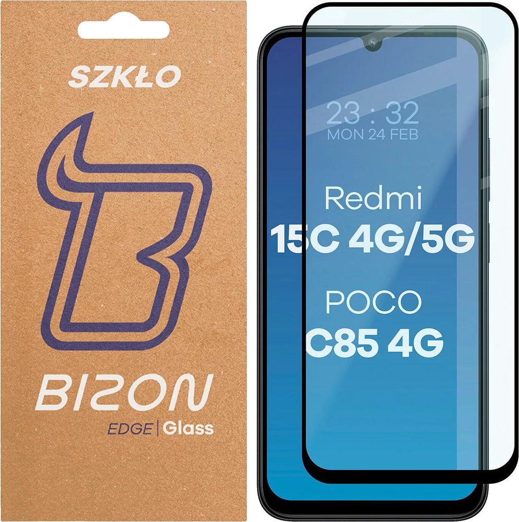 Gehärtetes Glas für Xiaomi Redmi 15C 4G / 5G / POCO C85 4G, Bizon Glass Edge 2, Schwarzer Rahmen