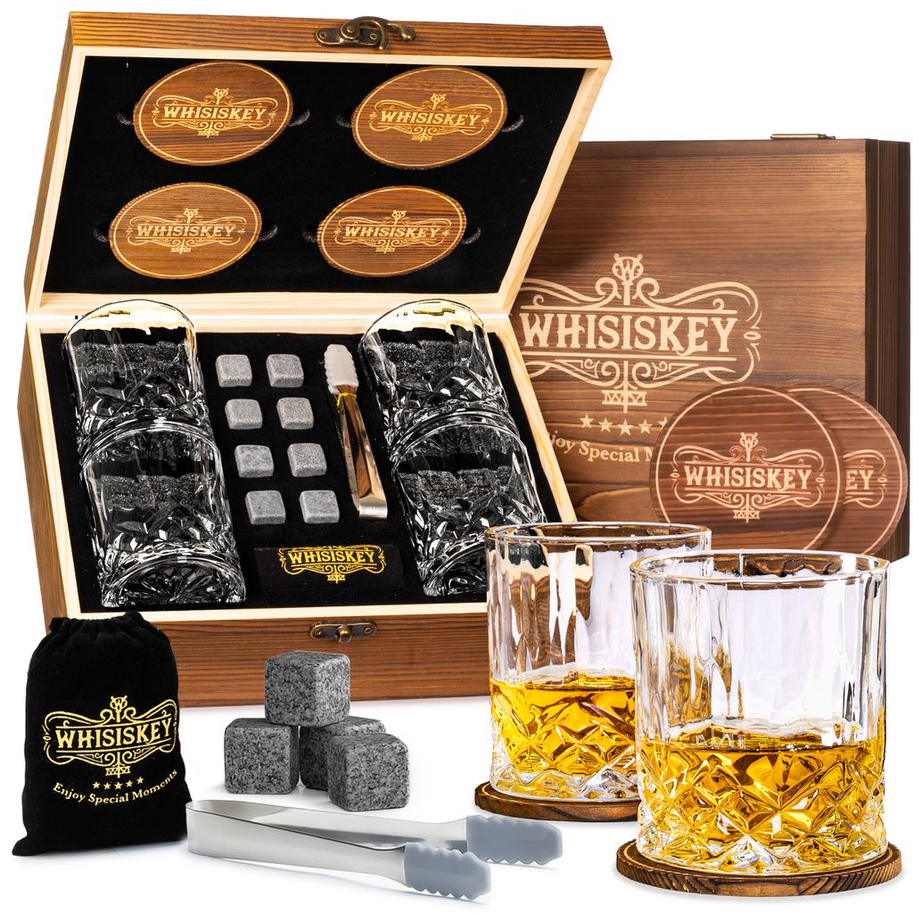 Whisiskey - Whisky Gläser Set - Whiskey Geschenkset für Männer - Whiskygläser - Geschenk Papa - Geschenkbox, Tumbler Gläser, Steine & Zubehör