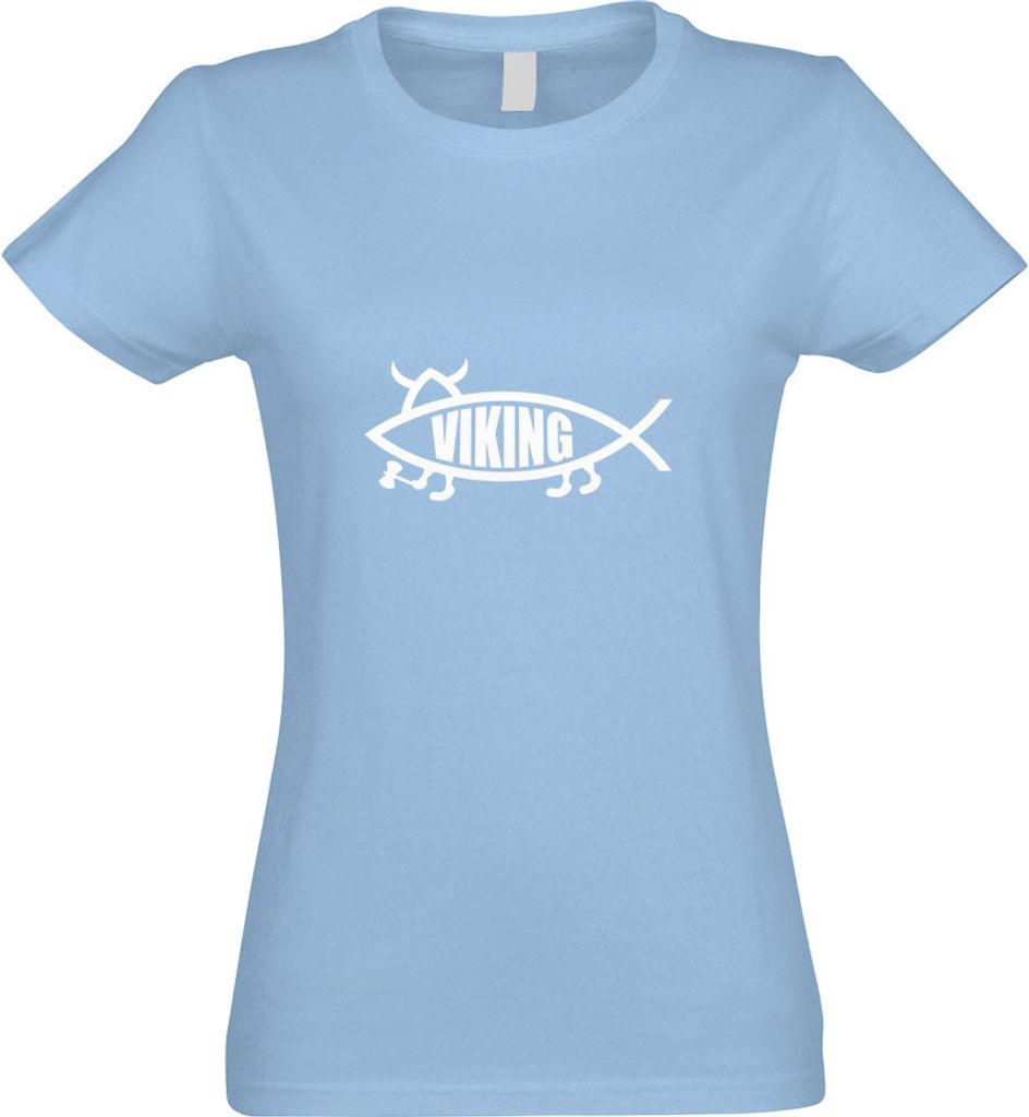 Kiwistar - T-Shirt tailliert - Damen - himmelblau - Viking Fisch - mit Motiv Bedruckt - Funshirt Design - Sport - Freizeit - Damen - L