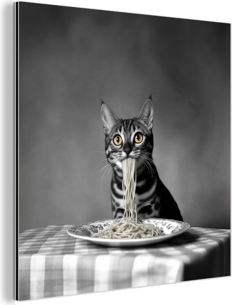 MuchoWow Wanddekoration Metall Metallbild Wandkunst 20x20 cm Bengalisch - Katze - Tischtuch - Schwarz - Weiß - Tier MuchoWow Aluminium Gemälde - ...