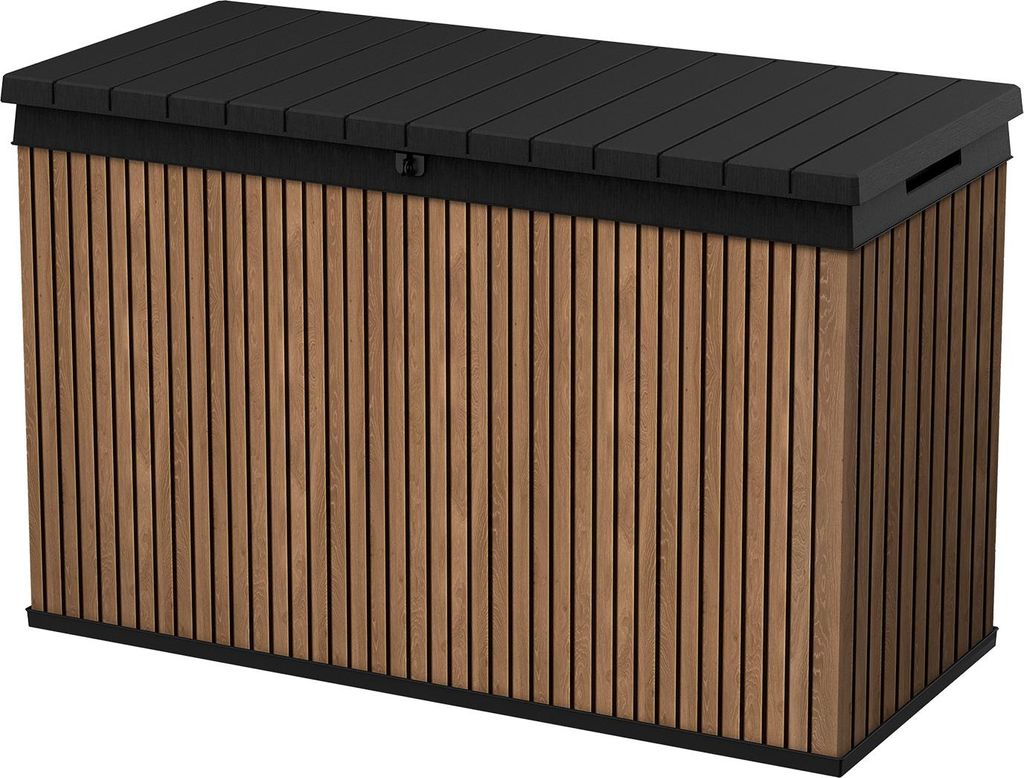 Keter Gartenbox Darwin Signature in natürlicher Holzoptik | 662 Liter Fassungsvermögen | mit Gasdruckfedern | wasserdicht & belüftet