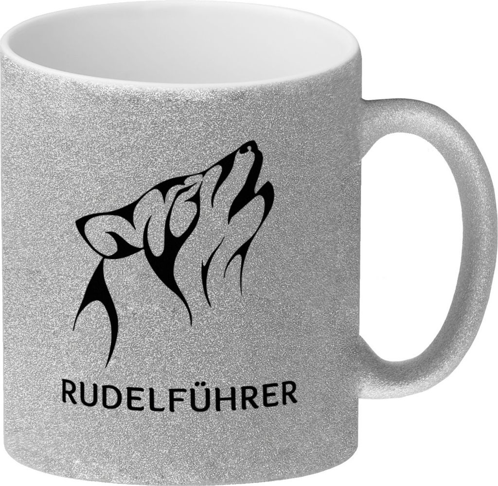 Rudelführer heulender Wolf Glitzer-Kaffeebecher mit Wolf Motiv