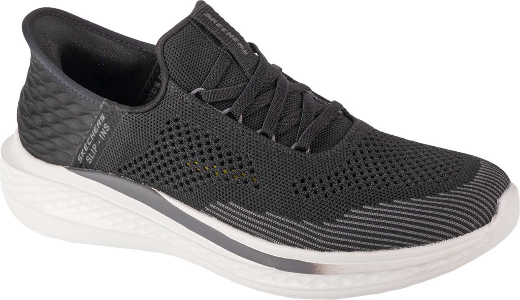 A single black Skechers shoe is shown against a white background.
