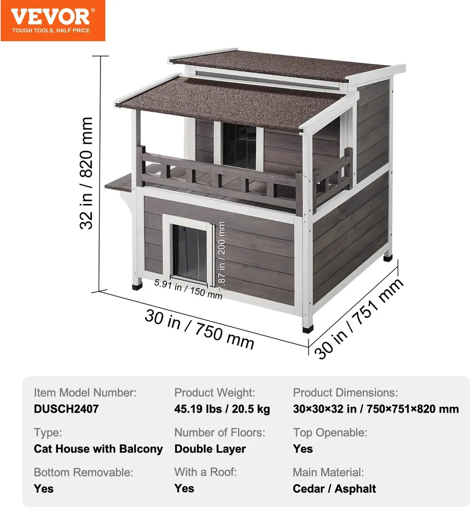 Cabane pour chat extérieur en bois à deux niveaux - Maisonnette 82cm
