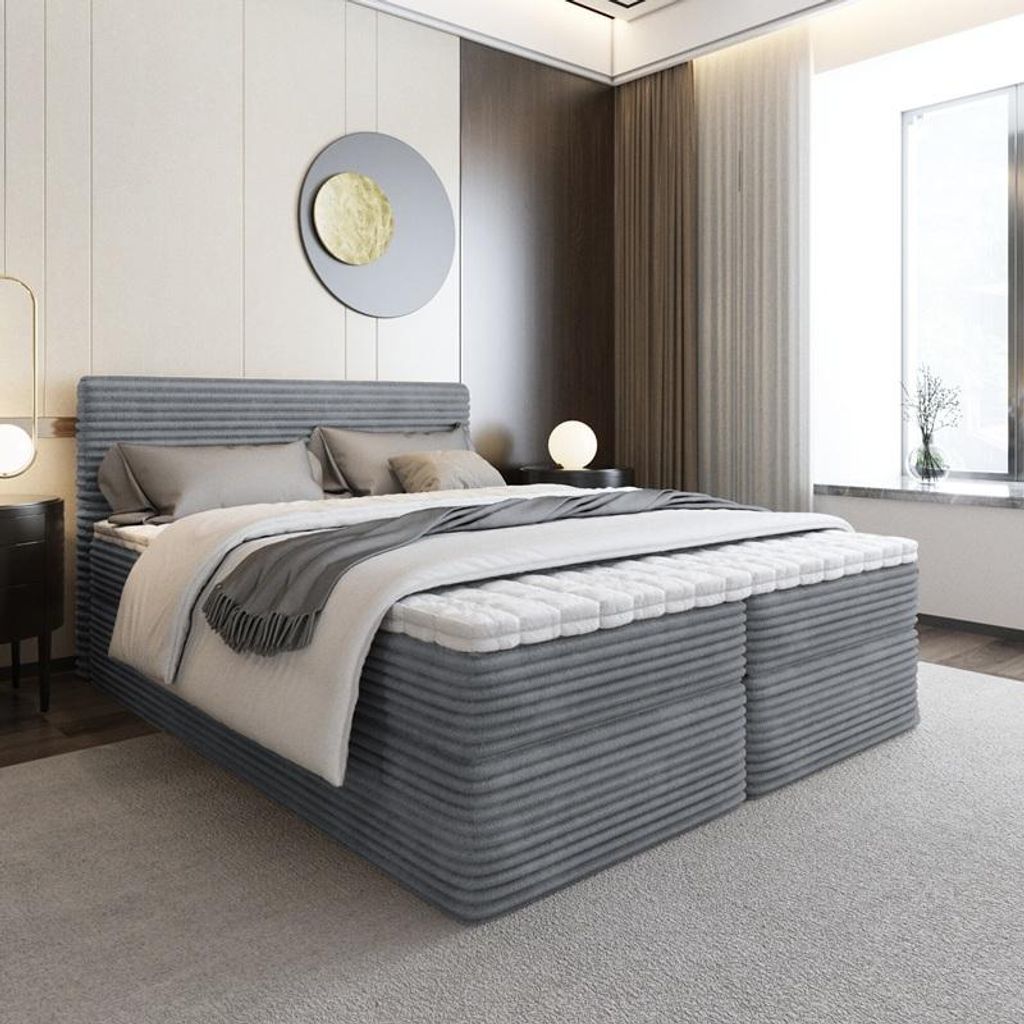 Bett Boxspringbett SENO mit Topper T25 und Bettkästen - Doppelbett, Stauraum, Schlafzimmer, Polsterbett, Bettgestell (200x200, Grau - Tilia 85)