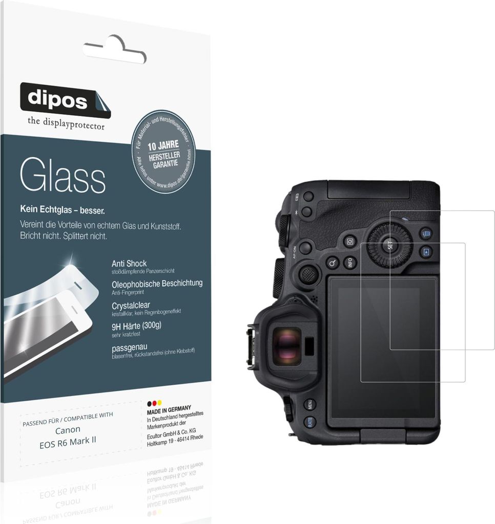 2x Schutzfolie für Canon EOS R6 Mark II - Anti-Shock 9H Folie dipos Glass Kunststoffglas