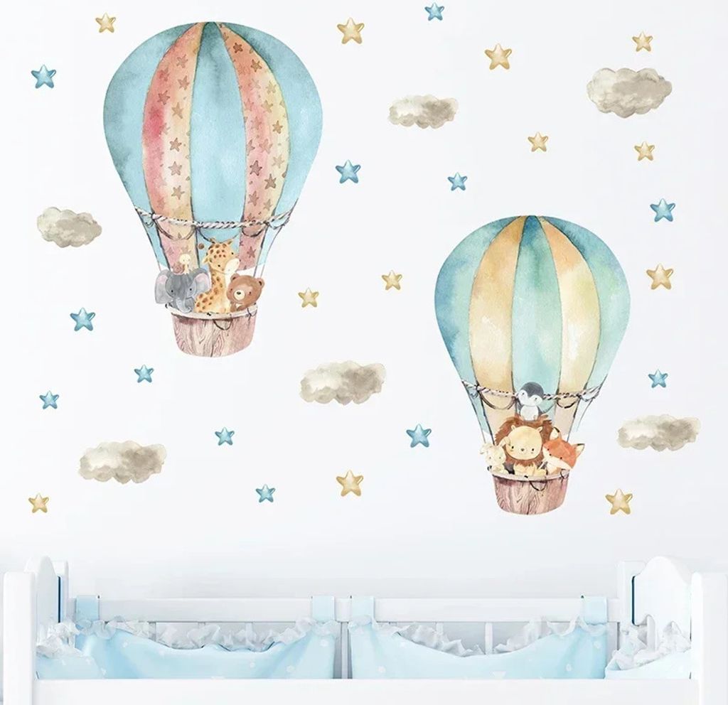 Wandtattoo mit Waldtieren,Wandsticker für Kinderzimmer,Elefant,Giraffe,Bär,Löwe im Luftballon mit Wolken und Sternen