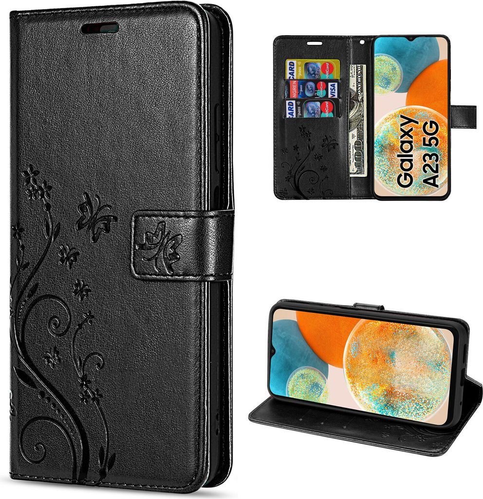 A collage of images showing a black flip phone case with floral embossing, a phone inside the case, and a phone standing up in the case.