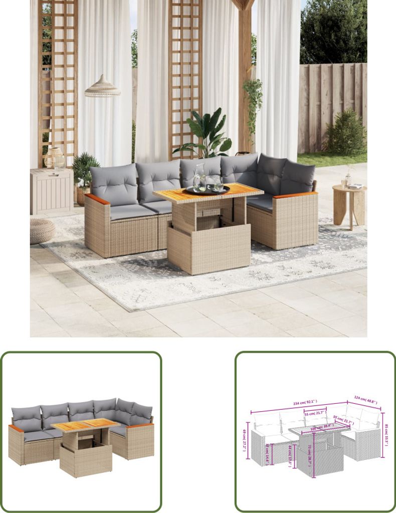 The Living Store 6-tlg. Garten-Sofagarnitur mit Kissen Beige Poly Rattan