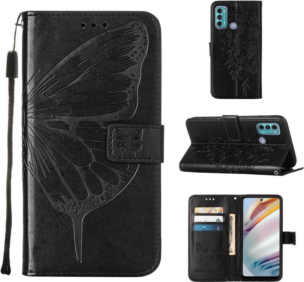 Moto G40 Hülle, Schmetterling Prägung Flip Leder Kartenfächer Schutzhülle Ledertasche mit Ständer für Motorola Moto G40 / G60 Schwarz